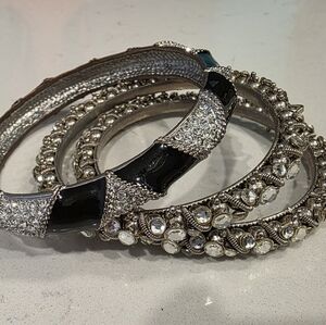 Elegant Silver and Black Bangle Set